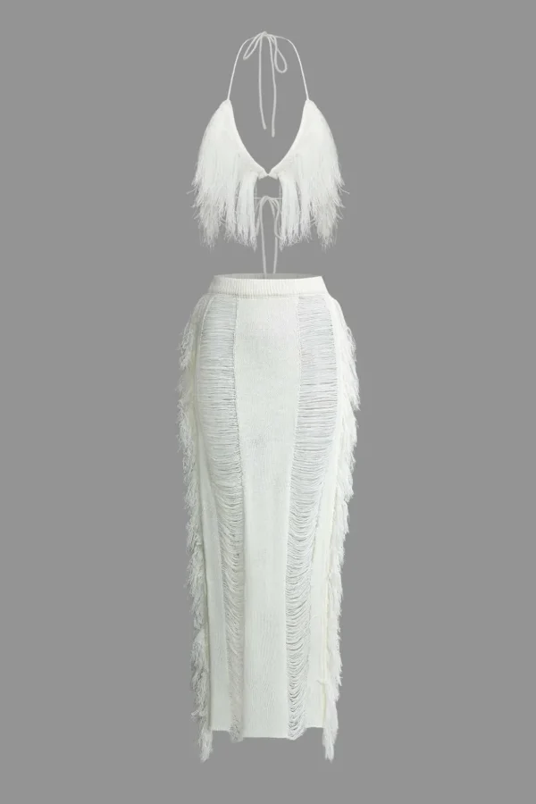 Tassel Tie Halter Knit Bra Top And Distressed Ladder Maxi Skirt Set>MICAS Best