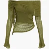 Texture Off Shoulder Asymmetrical Tie Mesh Top>MICAS Best