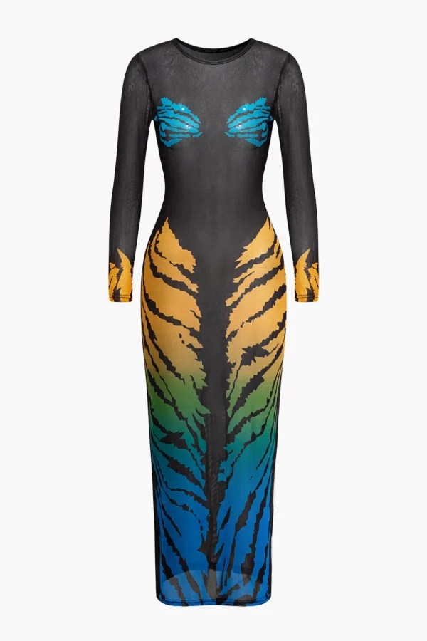 Tiger Print Mesh Sheer Round Neck Midi Dress>MICAS Best