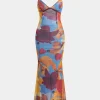 Tropical Floral Print Mesh Backless Maxi Dress>MICAS Online