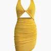 Twist Halter Cut Out Backless V-neck Midi Dress>MICAS Fashion
