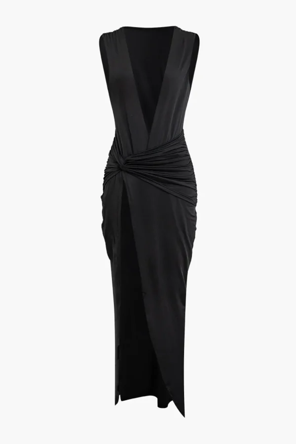 Wrap Ruched Slit Deep V-neck Sleeveless Maxi Dress>MICAS Online